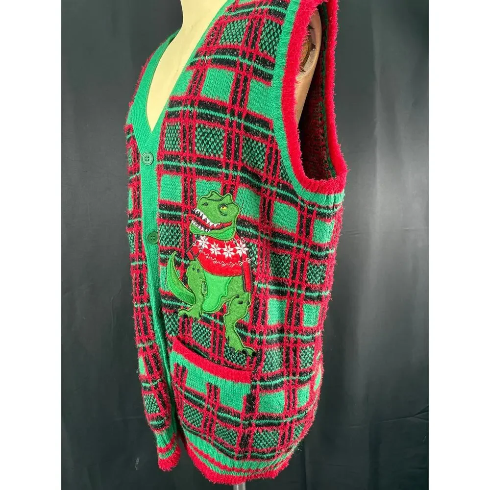 Dinosaur Men's Christmas Plaid Holiday Sweater Vest T Rex XL Tall Front Pockets